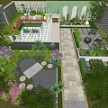 Lush Garden Landscape Design With Outdoor Seating Vibrant Flowers And Stone Pathways