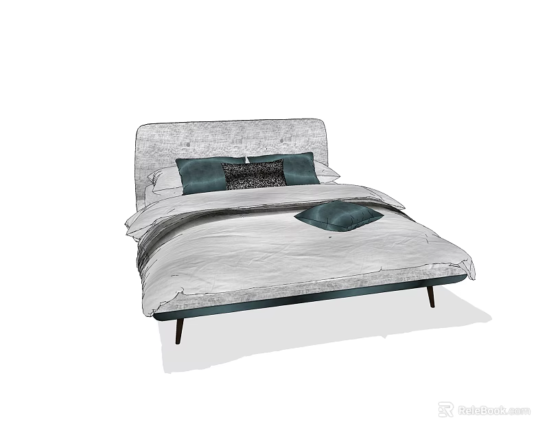Double Bed With Gray Velvet Headboard Dark Green Pillows And Light Gray Bedding 3d model 