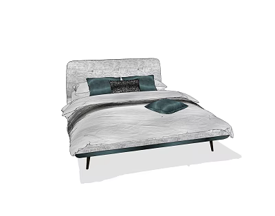 Double Bed With Gray Velvet Headboard Dark Green Pillows And Light Gray Bedding 3d model