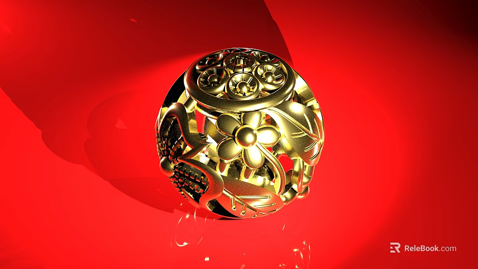 Golden Hollow Out Jewelry Sphere With Intricate Floral Patterns And Ornaments On Vibrant Red Background 3d model 