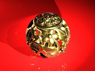 Golden Hollow Out Jewelry Sphere With Intricate Floral Patterns And Ornaments On Vibrant Red Background 3d model