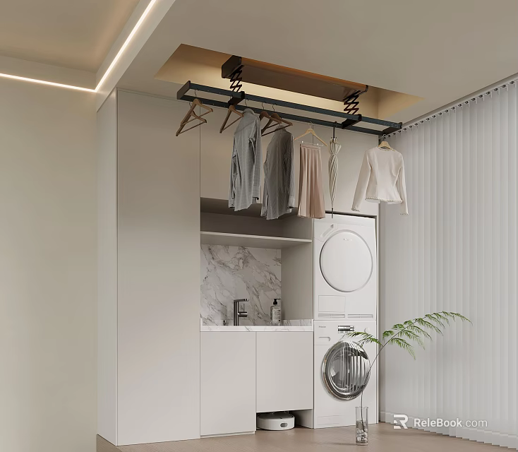 Modern Laundry Room With Washing Machine Hanging Clothes White Cabinets And Marble Backsplash 3d model 