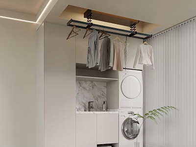 Modern Laundry Room With Washing Machine Hanging Clothes White Cabinets And Marble Backsplash 3d model