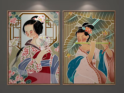 Chinese Figure Paintings Featuring Female Characters In Traditional Costumes With Fans Flutes And Floral Decorations 3d model
