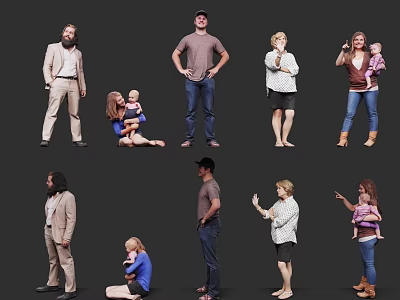 Diverse Group of People in Various Poses Standing Sitting and Holding Baby 3d model