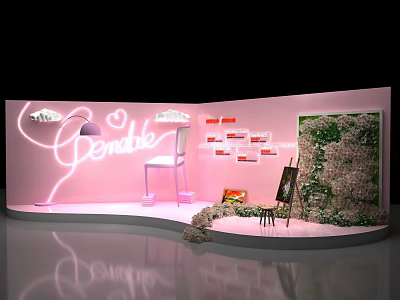 Pink Exhibition Booth With Pendable Neon Sign Chair Easel And Greenery Wall 3d model