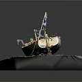 Wooden Boat Model with Orange White Hull on Coastal Display Base and Sand Water Elements