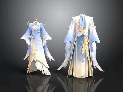 Elegant Traditional Robes With Blue White Gradient Flowing Sleeves And Decorative Sashes 3d model