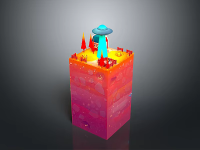Colorful Layered 3D Structure with Top Platform UFO Red Cones and Small Fences 3d model
