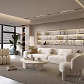 Modern Living Room Interior With White Sofa Round Coffee Table And Built In Shelves