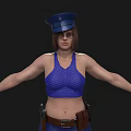 Woman Wearing Blue Police Hat Crop Top Tight Pants With Brown Belt Gloves Black Boots