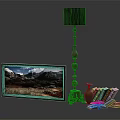 Oil Painting In Brown Frame Mountain Landscape With Floor Lamp Dark Lampshade Books And Vase