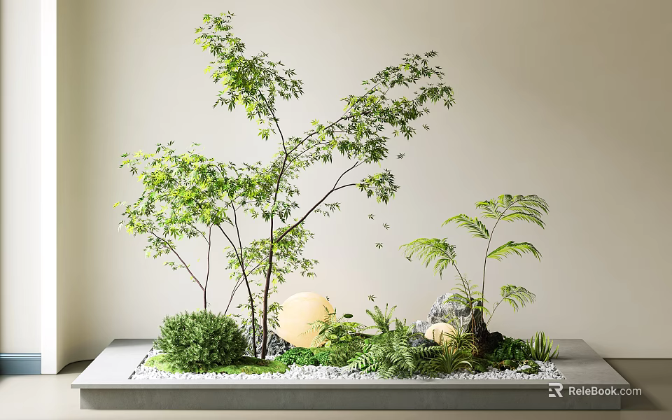 Indoor Mixed Plant Arrangement With Small Trees Ferns Pebbles And Round Decor 3d model 