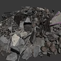 Pile of Stones and Wood Debris with Scrap Materials on White Background