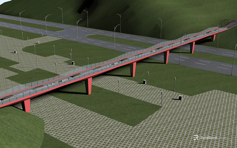 Red Bridge Crossing Road With Green Grassland Street Lamps And Paved Ground 3d model 