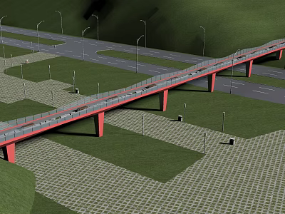 Red Bridge Crossing Road With Green Grassland Street Lamps And Paved Ground 3d model