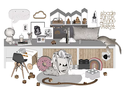 Stylish Decorative Cabinet Display With Cute Toys Artwork Cloud Decor And Letter Ornaments 3d model
