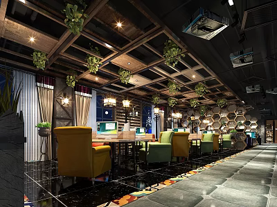 Modern Internet Cafe Interior With Wooden Ceiling Hanging Green Plants And Colorful Armchairs 3d model