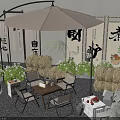 Commercial Outdoor Dining Patio with Curved Umbrella Screen Panels Calligraphy Tables Chairs And Lantern