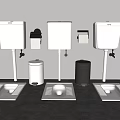 Squat Toilets with Wall Mounted Water Tanks Toilet Paper Holders and Gray White Trash Bins