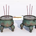 Two Bronze Colored Incense Burners Decorative Ornament Set With Legs Handles And Incense Sticks