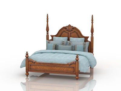 Classic Wooden Double Bed With Carved Headboard And Light Blue Bedding 3d model