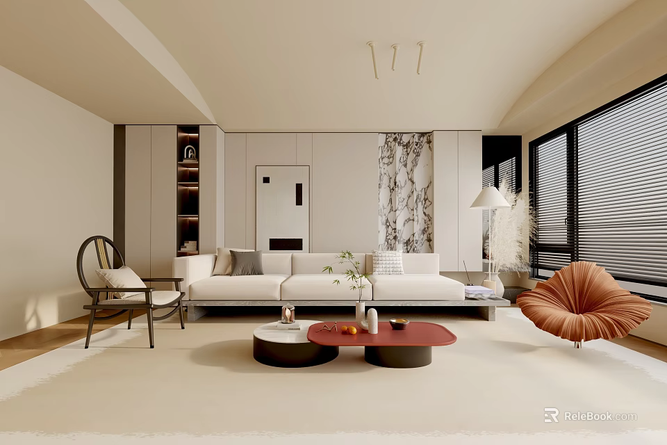 Modern Living Room Interior With White Sofa Round Coffee Tables Floor Lamp And Artwork 3d model 