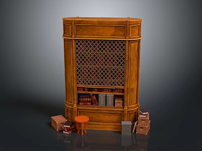 Wooden Bookshelf With Carved Design And Lattice Front Featuring Books Small Stool And Cardboard Boxes 3d model