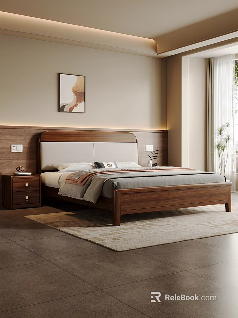 Modern Bedroom Interior With Wooden Headboard Bed Nightstand Wall Art And Rug 3d model 
