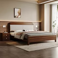 Modern Bedroom Interior With Wooden Headboard Bed Nightstand Wall Art And Rug