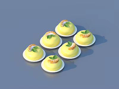 Six Yellow Desserts on White Small Plates Topped with Orange Fruit and Green Leaves 3d model
