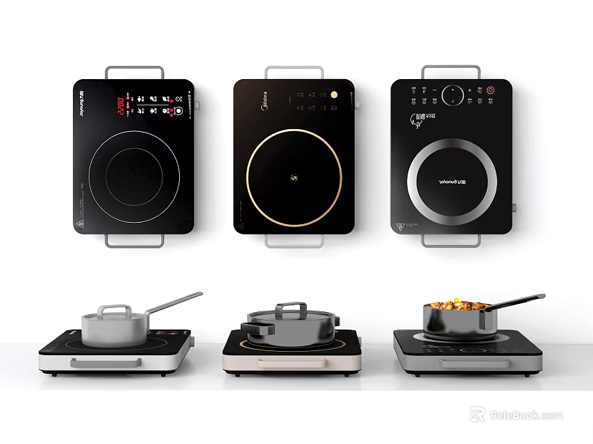 Modern Stylish Induction Cooktops With Various Designs Control Panels And Heating Pots 3d model