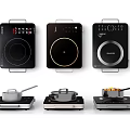 Modern Stylish Induction Cooktops With Various Designs Control Panels And Heating Pots 3d model