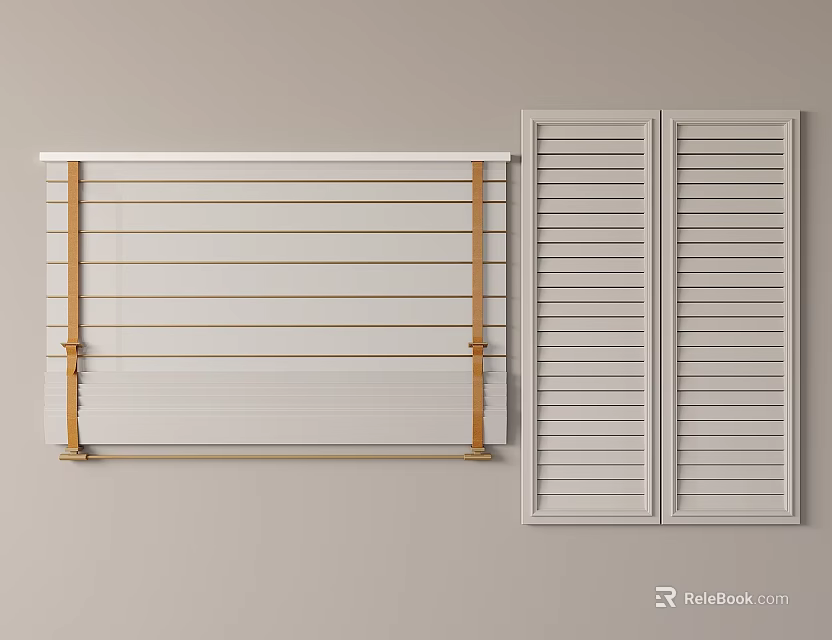 Modern White Window Blinds With Horizontal Wooden Slats And Double Panel Design 3d model 