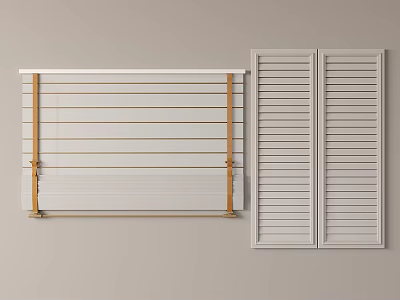 Modern White Window Blinds With Horizontal Wooden Slats And Double Panel Design 3d model