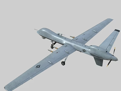 Unmanned Military Fighter Jet With Long Wing Gray Body Propeller And Landing Gear 3d model