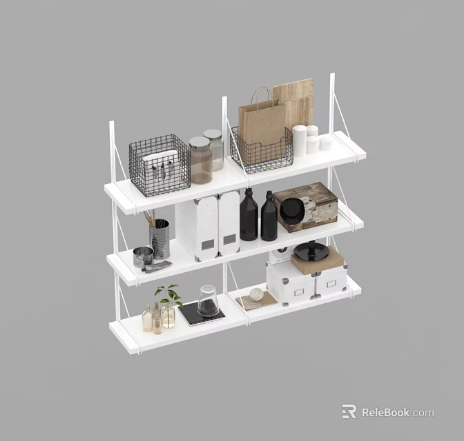 White Multi Tiered Storage Shelf With Baskets Cans Bottles Boxes And Plants For Home Organization 3d model 