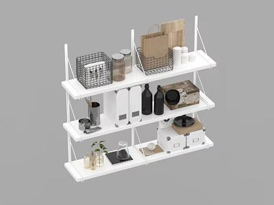 White Multi Tiered Storage Shelf With Baskets Cans Bottles Boxes And Plants For Home Organization 3d model