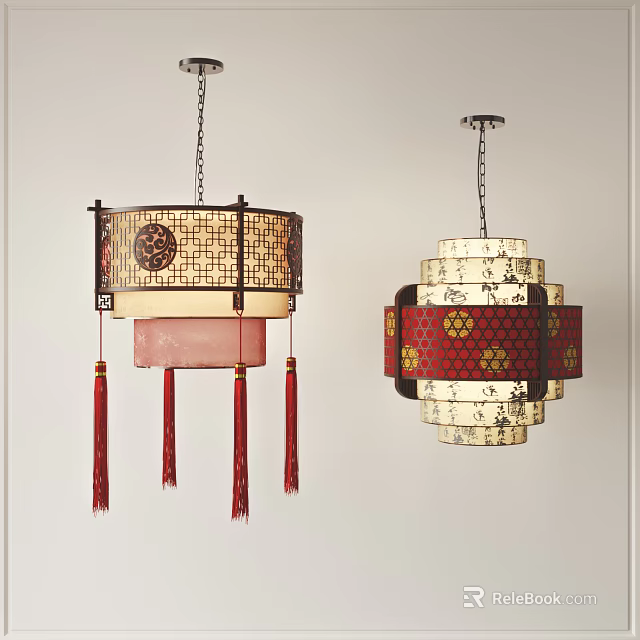 Traditional Chinese Style Hanging Chandeliers With Red Tassels And Intricate Decorative Patterns 3d model 