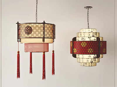 Traditional Chinese Style Hanging Chandeliers With Red Tassels And Intricate Decorative Patterns 3d model