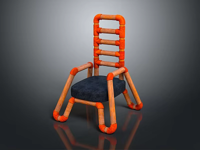 Unique Tubular Chair Design With Orange And Wooden Frame Dark Blue Seat 3d model