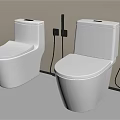 Two White Modern Toilets Against Wall In Bathroom With Cleaning Accessories