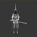 Mechanical Character with Spiked Head White Red Design Standing on Long Legs Holding Long Weapon