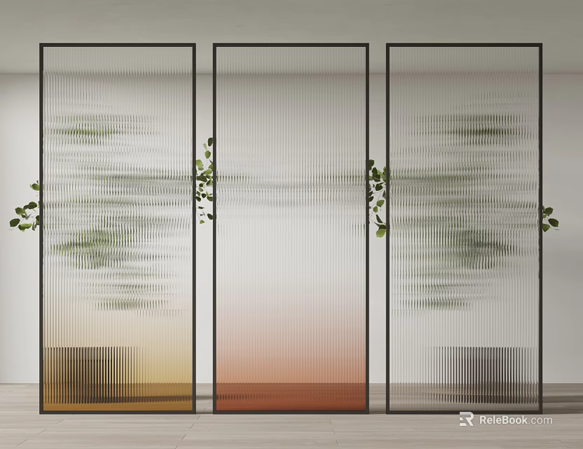 Modern Interior Partition With Vertical Stripe Design Gradient Orange Pink And Green Plant Decoration 3d model 
