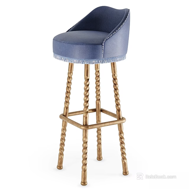 Elegant Blue Leather Bar Stool With Fringed Edge And Golden Twisted Legs 3d model 