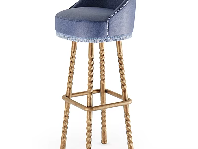 Elegant Blue Leather Bar Stool With Fringed Edge And Golden Twisted Legs 3d model