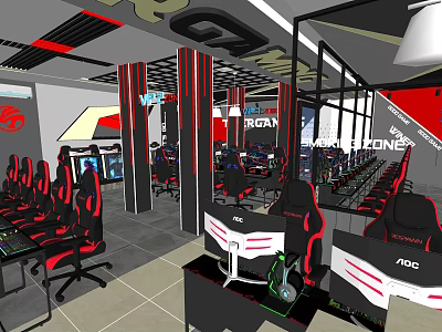 Modern Gaming Internet Cafe With Ergonomic Chairs High Performance Computers And Red Black Decor 3d model