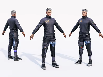 Game and Movie Character in Dark Futuristic Outfit With Protective Gear and Blue Accents 3d model
