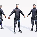Game and Movie Character in Dark Futuristic Outfit With Protective Gear and Blue Accents