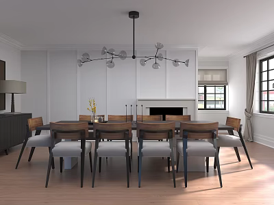 Dining Room Interior With Wooden Table Chairs Modern Chandelier Fireplace And Windows 3d model